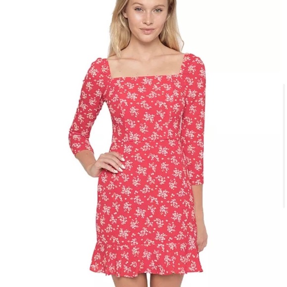 B. Darlin Red Square Neck Ditsy Floral Dress 7/8 - Picture 1 of 10